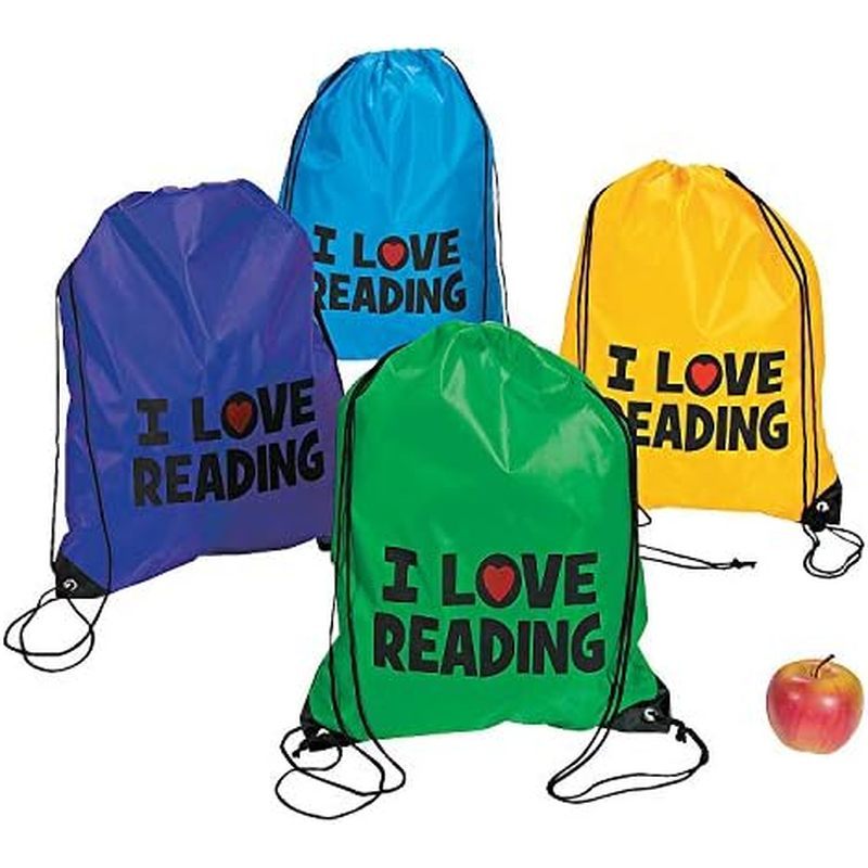 Fun Express I Love Reading Drawstring Backpack Bags Bulk 12 Pack - Kids Drawstring Bags for School S