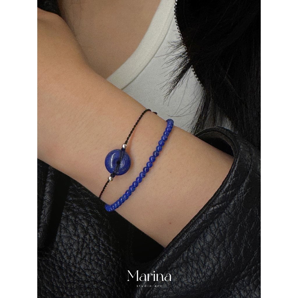 ธรรมชาติ Lapis Lazuli ปลอดภัยหัวเข็มขัดถักเชือกมือซ้อนสร้อยข้อมือบางอัฟกานิสถานแร่ดิบ Lapis Lazuli ร