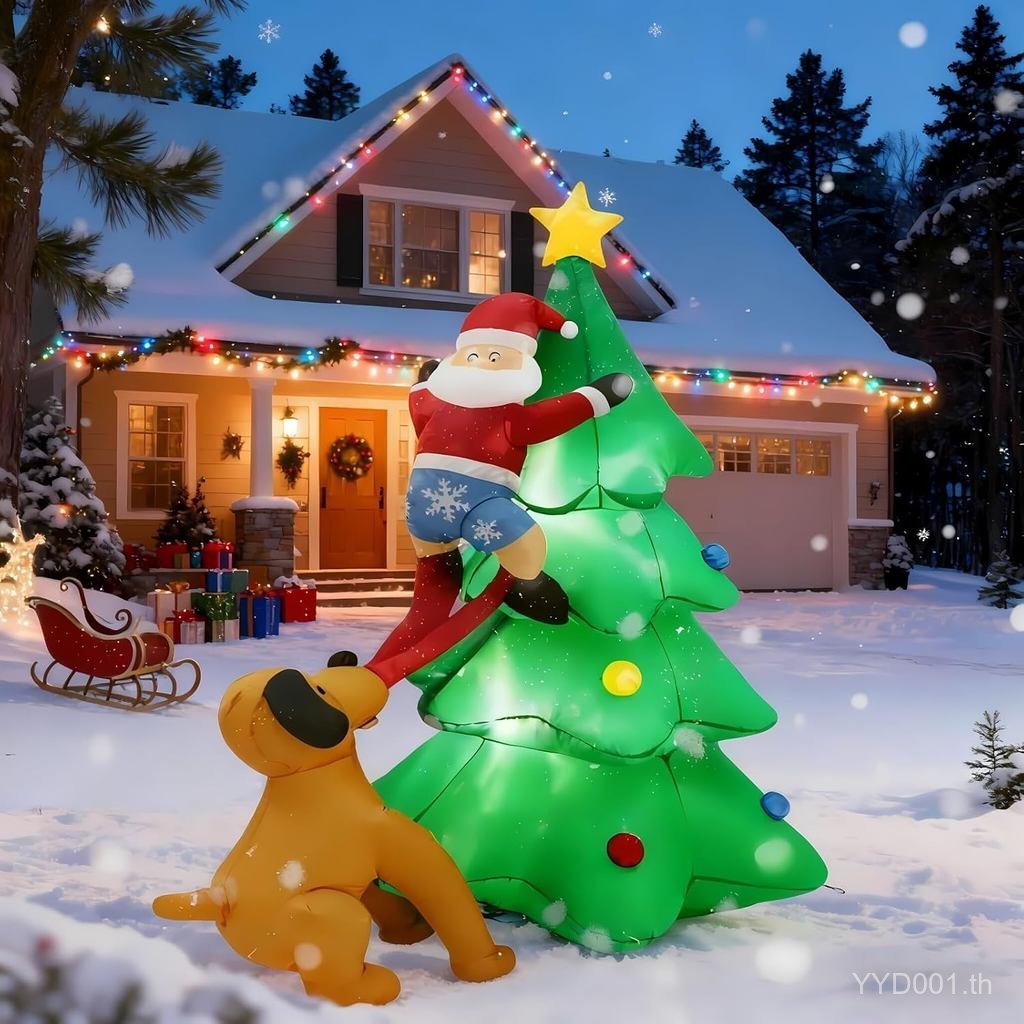 7ft คริสต์มาส Inflatable ตกแต่งกลางแจ้งพร้อมไฟ LED, Santa Claus Chased โดยสุนัข Inflatable Christmas