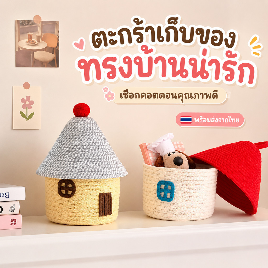 กล่องเก็บของทรงบ้าน เชือกคอตตอนถัก มีฝาปิด กล่องใส่ของเล่นเด็ก มินิมอล จัดระเบียบบ้าน พร้อมส่ง
