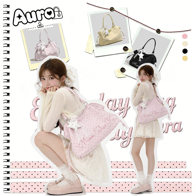 กระเป๋าโท้ท ลายจุด เกาหลี ใส่โน้ตบุ๊คได้ กระเป๋าสะพายไหล่ผู้หญิง ไซส์ใหญ่ สายปรับได้