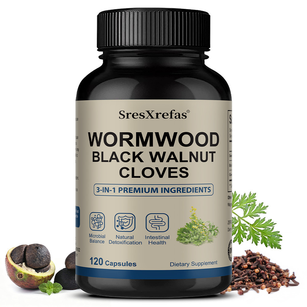 SresXrefas 3-in-1 Premium Wormwood, Black Walnut Hull & Whole Cloves อาหารเสริม, Natural Gut Cleanse