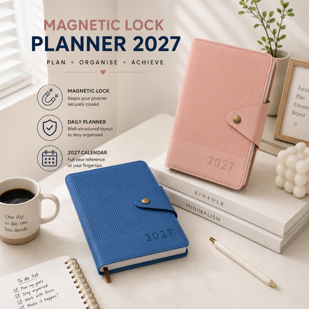 VCR 2027 Magnetic / Button Lock Daily Diary Planner A5 Size Office Planner Office Year Organizer Sta