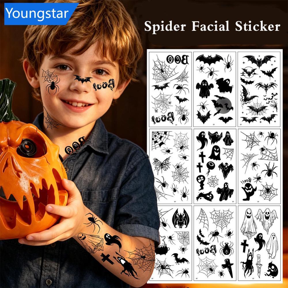 FYY 10 แผ่น/เซ็ตฮาโลวีน Ghost Bat Tattoo สติกเกอร์ Dark Spider Web Lace Facial Tattoo สติกเกอร์ทิ้ง 
