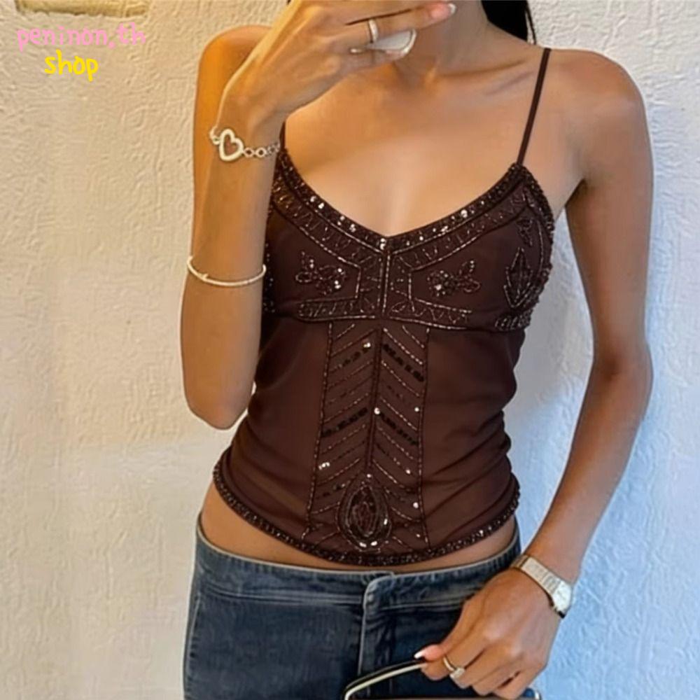 PENINON เลื่อม Cami, ผ้าตาข่าย V คอตาข่าย Top, แฟชั่นสปาเก็ตตี้ Y2K Slim Fit V คอติดตั้งด้านบนออกไป