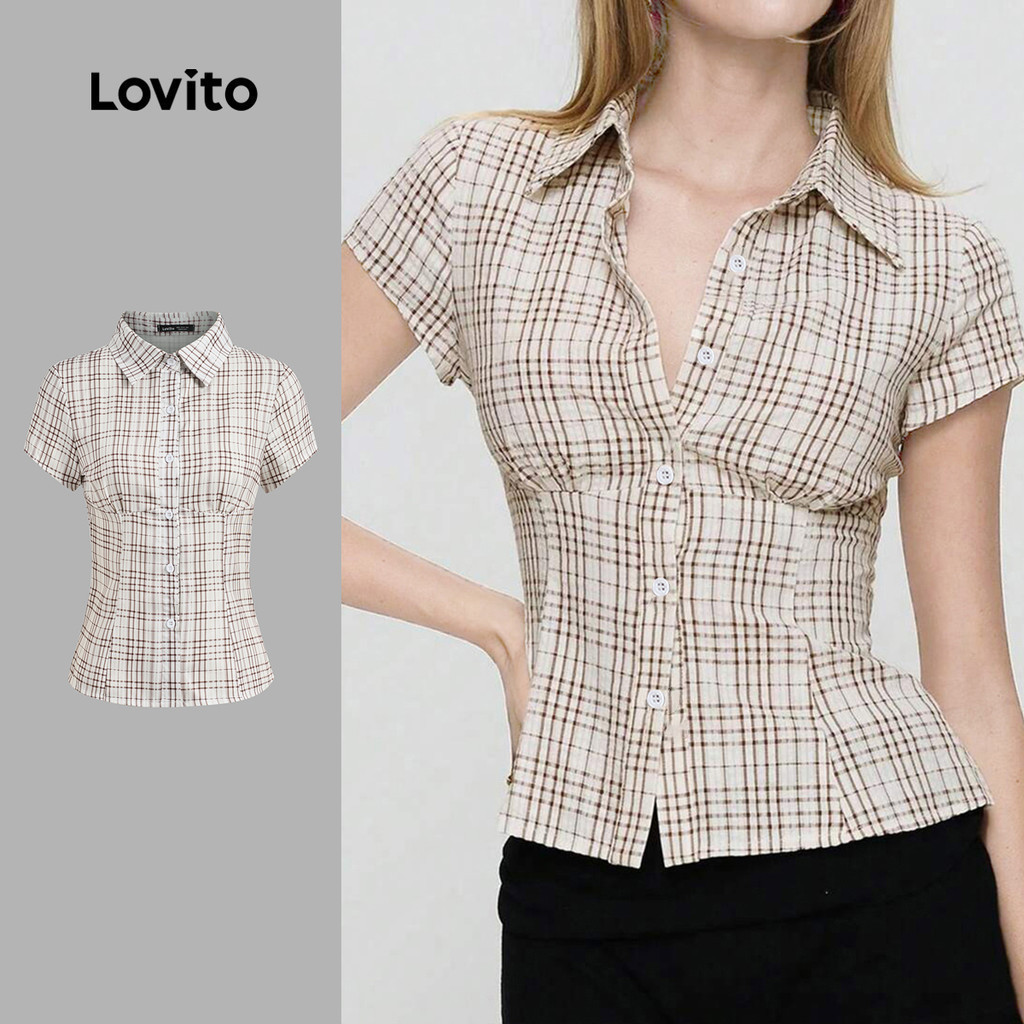 Lovito เสื้อเชิ้ตแคชชวลผู้หญิง สไตล์ปุ่มเสื้อ ใบหน้าแนวเส้น สีเทาหม่น ฤดูใบไม้ผลิ/ฤดูร้อน เกาหลี อินเทรนด์ L144AD020