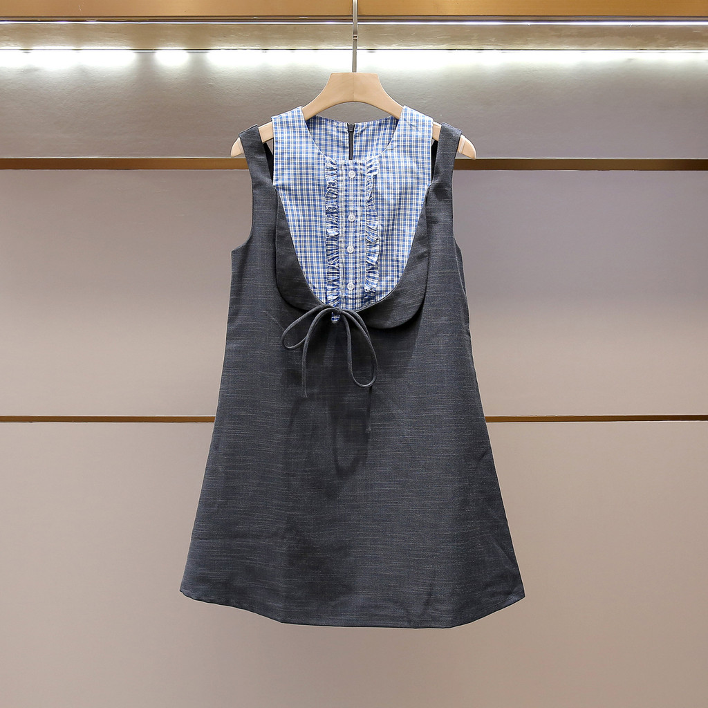 7QOS Self‑SP*  Women's Summer Youthful College-Style Design Plaid Patchwork Sleeveless Tank Dress