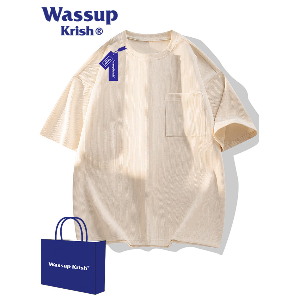 WASSUP KRISH Ice Jacquard เสื้อยืดแขนสั้นผู้ชายฤดูร้อนบางรอบคอด้านบนวัยรุ่นเสื้อผ้าสีทึบ