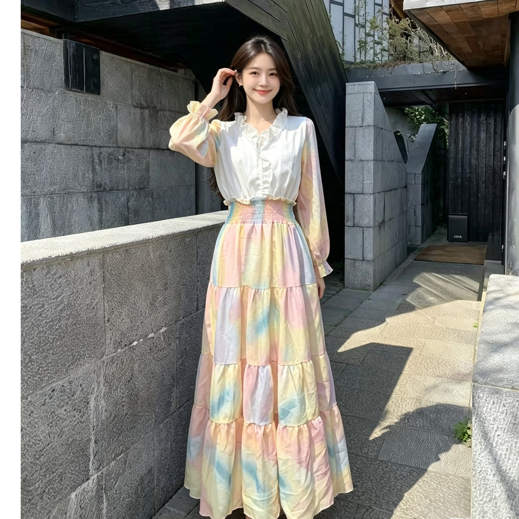 ผู้หญิง Ruffle V คอ Gradient Rainbow Ombre ชุดเอวยางยืดป่องแขนยาว Multi La