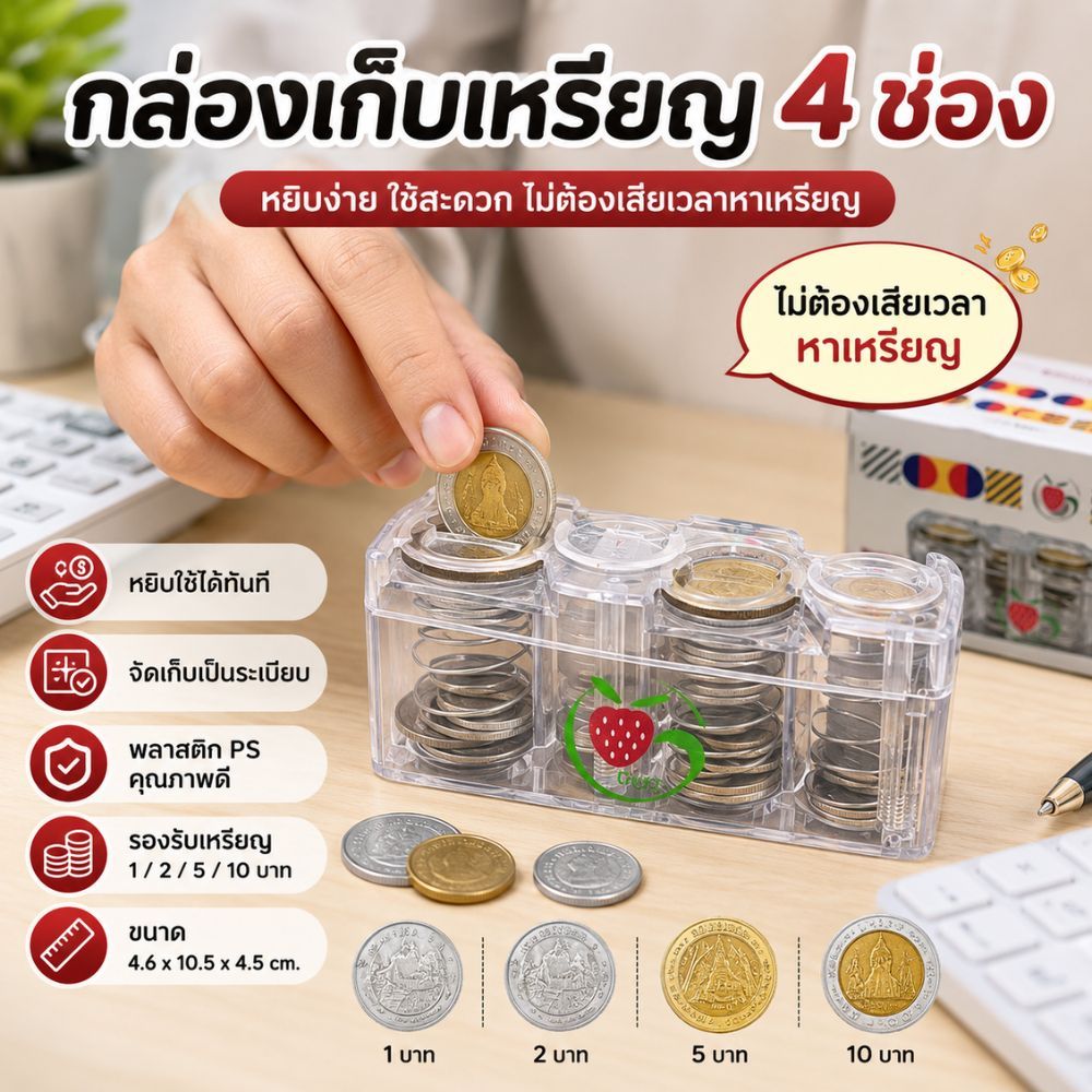 กล่องเก็บเหรียญ 4 ช่อง ทำจากพลาสติกคุณภาพดี ใช้งานง่าย เหมาะสำหรับการจัดเก็บเหรียญบนรถยนต์ G0152