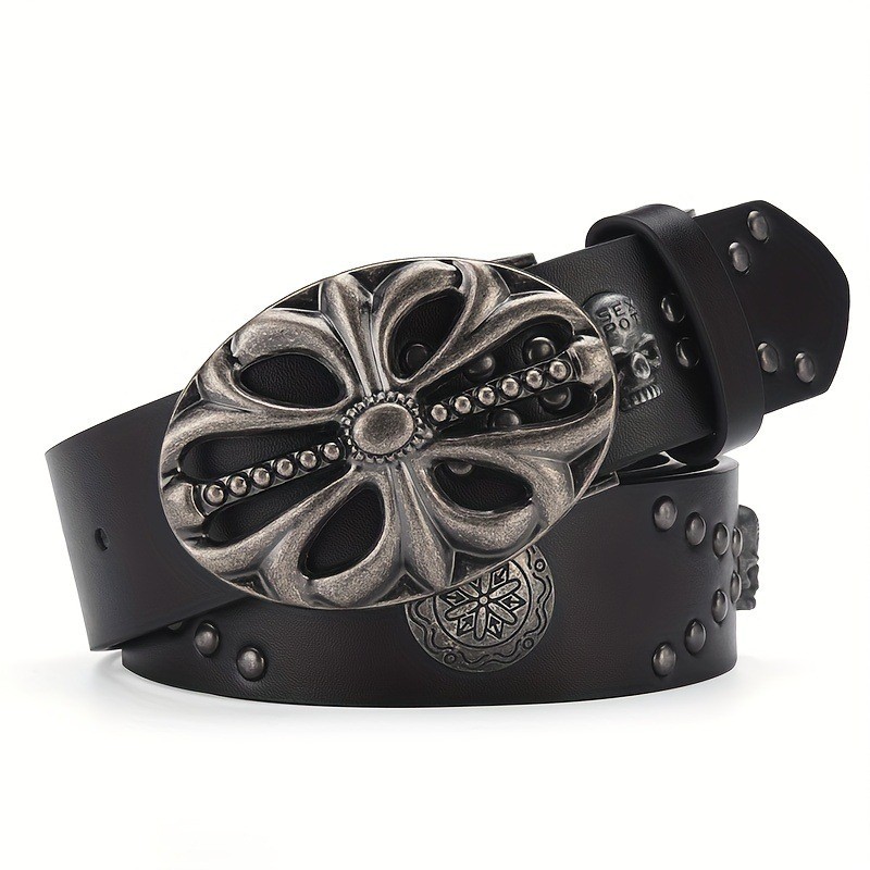 Bohemian ผู้ชายผู้หญิงเข็มขัด Retro Denim Punk Skull Rivets เข็มขัดสีดํากางเกงผู้ชายเข็มขัด yyy9.4