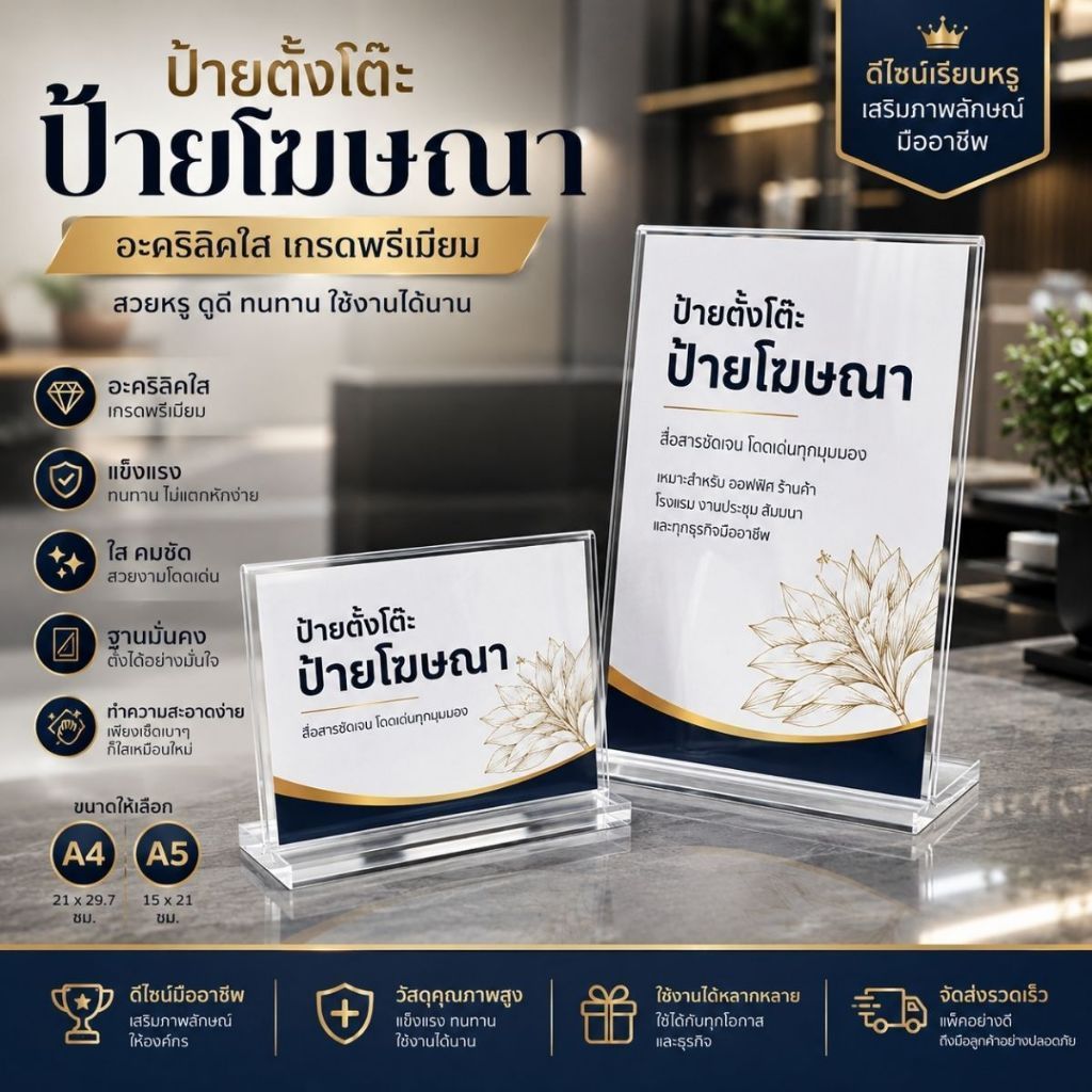 ป้ายอะคริลิก 100% ป้ายโปรโมชั่น ป้ายตั้งโต๊ะ ทรง L และ T แบบสอดกระดาษ ใช้งานได้หลากหลาย