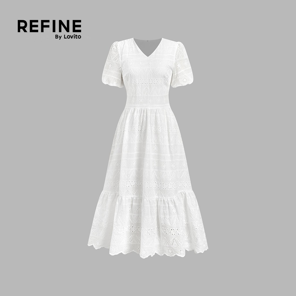 (Refine by Lovito) เดรสลำลองผ้าฝ้ายปักลายฉลุ เดรสสีขาวสำหรับผู้หญิง เหมาะสำหรับฤดูใบไม้ผลิ/ฤดูร้อน ทำงาน LR26ED067 — صورة 6