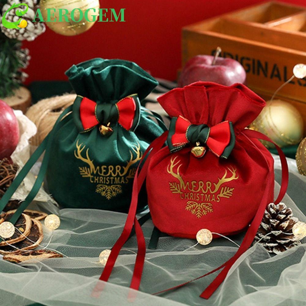 AEROGEM กระเป๋าของขวัญคริสต์มาส, กระเป๋าผ้าคริสต์มาส Flannelette Bow, Santa with Small Bell Velvet R