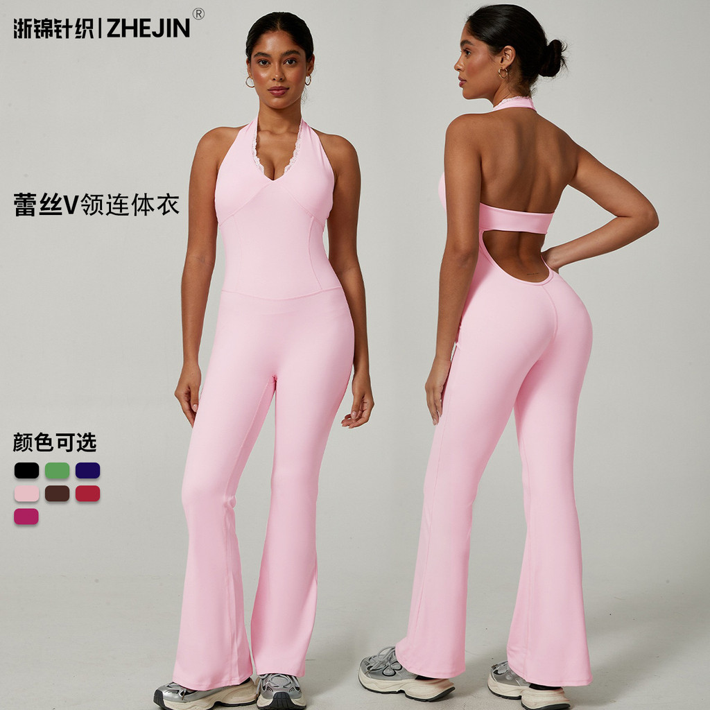 Hot Product ลูกไม้ V คอ Jumpsuit โยคะเสื้อผ้าออกกําลังกายสวยกลับ Hip-Lifting Abdomen Halter Jumpsuit