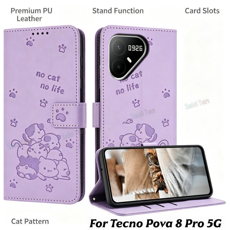 สายคล้องคอหนังสําหรับ Tecno Pova 8 Pro 5G LK7 Pova 8Pro ปลอกกระเป๋าสตางค์แมวฝาครอบ