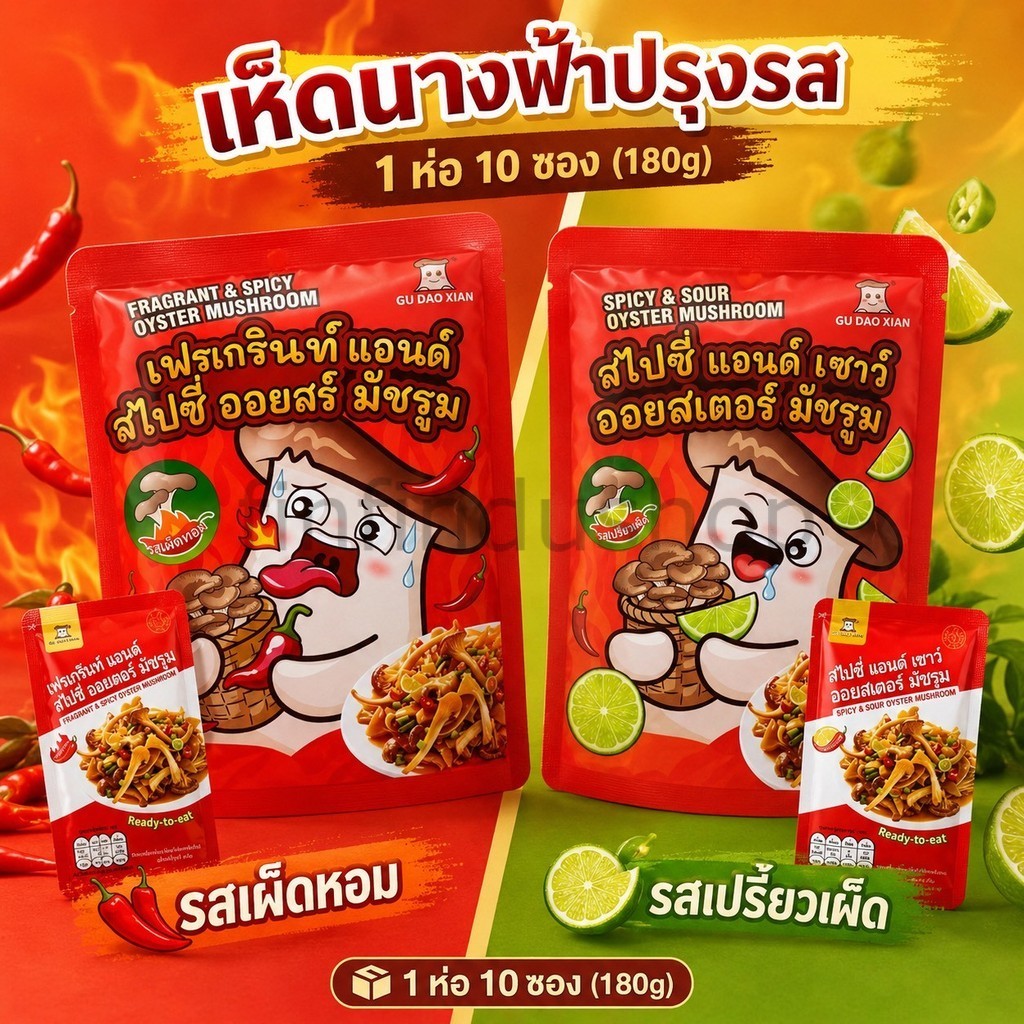 เห็ดนางฟ้าปรุงรส 1ห่อ10ซอง (180g.) พร้อมทาน รสเผ็ดหอม🌶️รสเผ็ดเปรี้ยว🍋