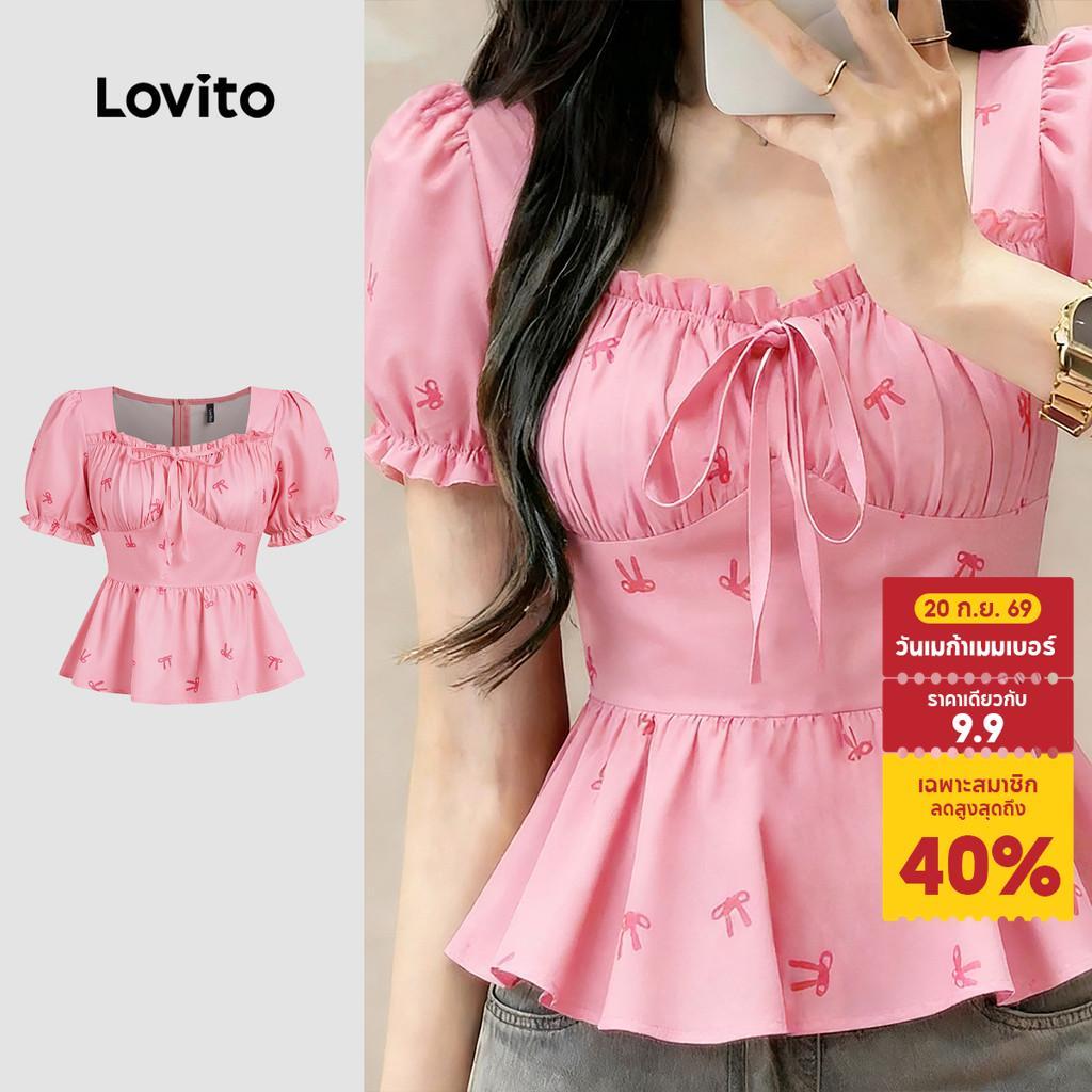 Lovito เสื้อลำลองผูกเชือกสีชมพูสำหรับผู้หญิง เหมาะสำหรับฤดูใบไม้ผลิและฤดูร้อน L177ED202