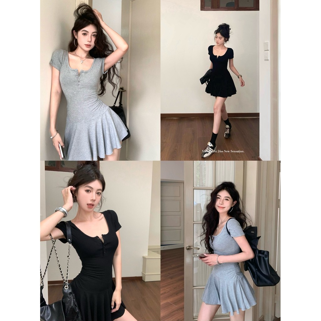 Hotgirl พร้อมส่ง ชุดเดรสผู้หญิง เดรสสั้น ชุดรัดรูป เซ็กซี่ ทรงเอ ดีไซน์จีบแขนสั้น สไตล์เกาหลี