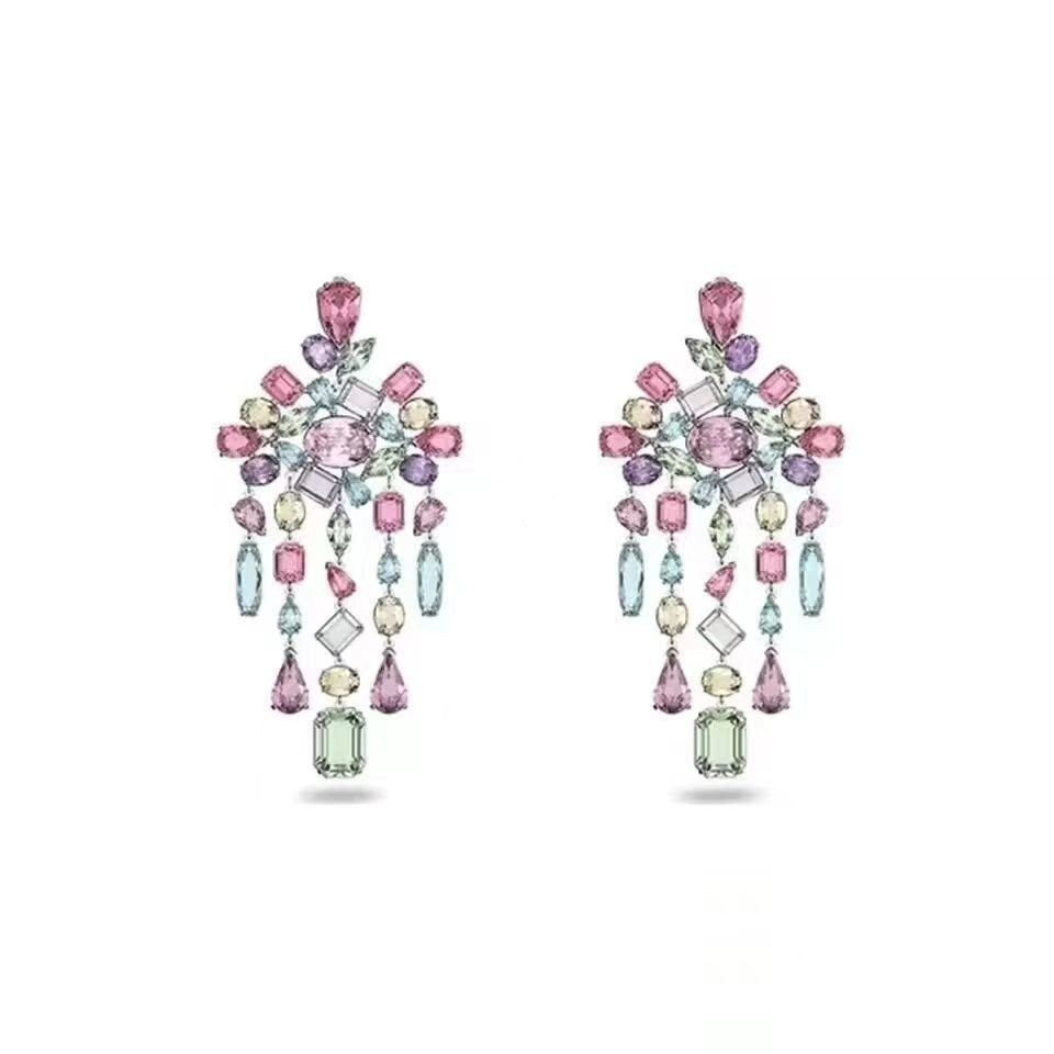 SetHT99 3BSA - สร้อยข้อมือและต่างหูคริสตัลสีชมพูรูปหัวใจ พร้อมสร้อยคอมากกวาว สำหรับผู้หญิง