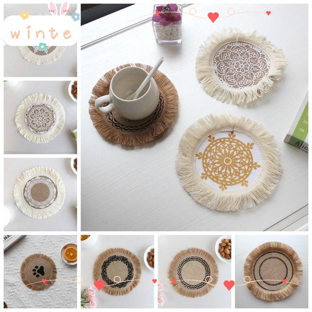 WINTE Jute ที่รองแก้วดูดซับ, แผ่นรองจานทอปอคอตตอน, เย็บปักถักร้อยทรงกลม โต๊ะที่รองแก้วถักเปียสไตล์นอ