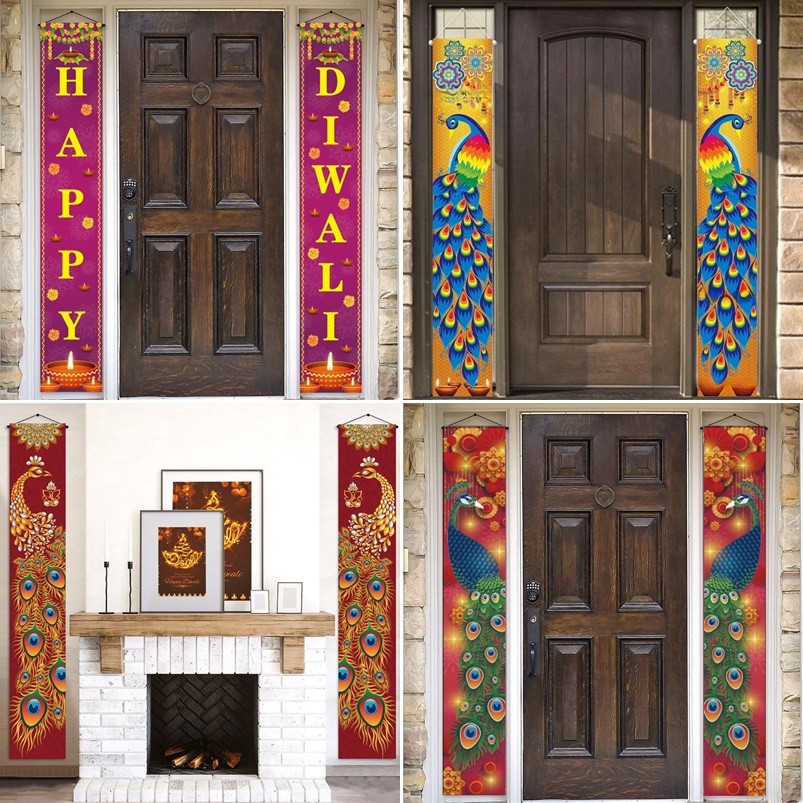 2 ชิ้น Happy Diwali Couplets นกยูงที่สวยงามรูปแบบแบนเนอร์ประตูสําหรับ Deepavali Party Decor