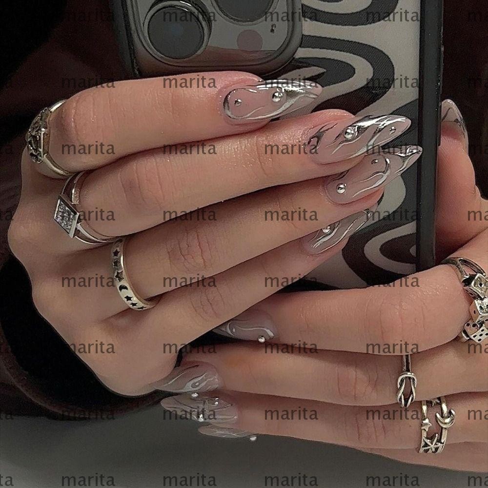 MARITA เล็บปลอม, Star Long Almond ปลอม Nials, Nail Leopard French Nail Tips Women