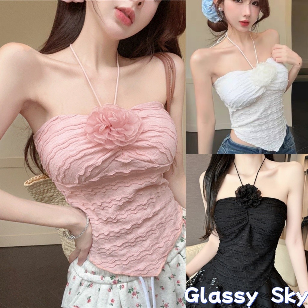 Glassy Sky💖พร้อมส่💖งผู้หญิงเ รัดรูป เสื้อเกาะอกผูกคล้อง มีฟองน้ำ ผ่าไหมพรม แถมเข็มกัดดอกไม้มี ดีเทลสายห้อยคอ(09008)
