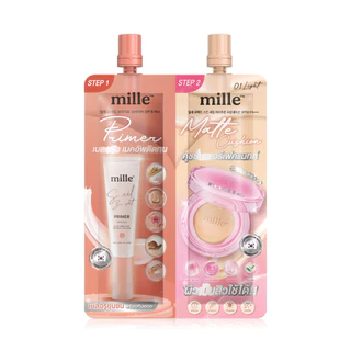 Mille 2in1 Bright Primer & Perfect Matte Cushion 8g #01 Light มิลเล่ 2in1 ไพร์เมอร์ คุชชั่น ปกปิดคุมมัน.