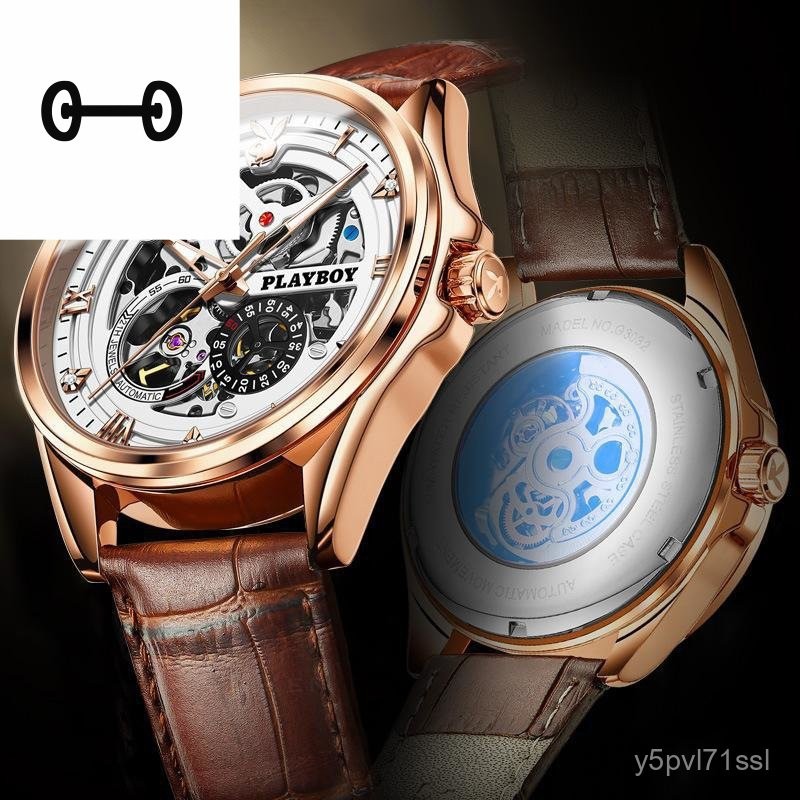 PLAYBOY นาฬิกา Playboy นาฬิกาจักรกลอัตโนมัติเต็มรูปแบบ นาฬิกาผู้ชายแบบโปร่งใส นาฬิกาผู้ชาย YMD5
