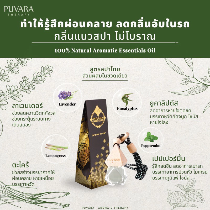 Puvara ภูวรา น้ำหอมรถยนต์ Aromatic in car น้ำมันหอมระเหยปรับอากาศ ธรรมชาติ รถยนต์ 8ml.