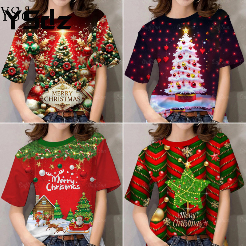 เสื้อยืดผู้หญิงรูปแบบต้นคริสต์มาส คอกลมแขนสั้น เหมาะสำหรับทั้งชายและหญิง ออกแบบให้ใส่ง่ายและสบาย สุขสันต์วันคริสต์มาส