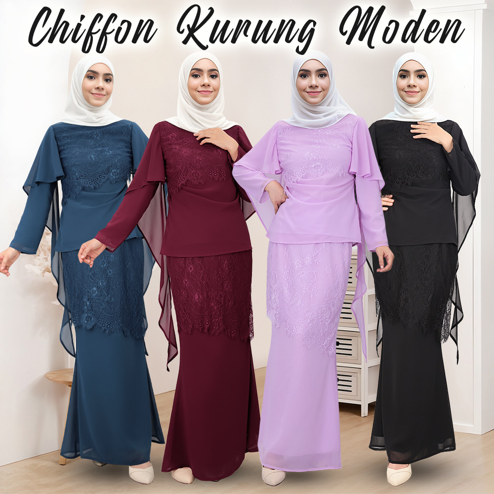 Baju Kurung Moden Perempuan แขนยาวลูกไม้ Rekaan Pinggang Lipit, กระโปรง Ekor Ikan 2026 เพื่อนเจ้าสาว