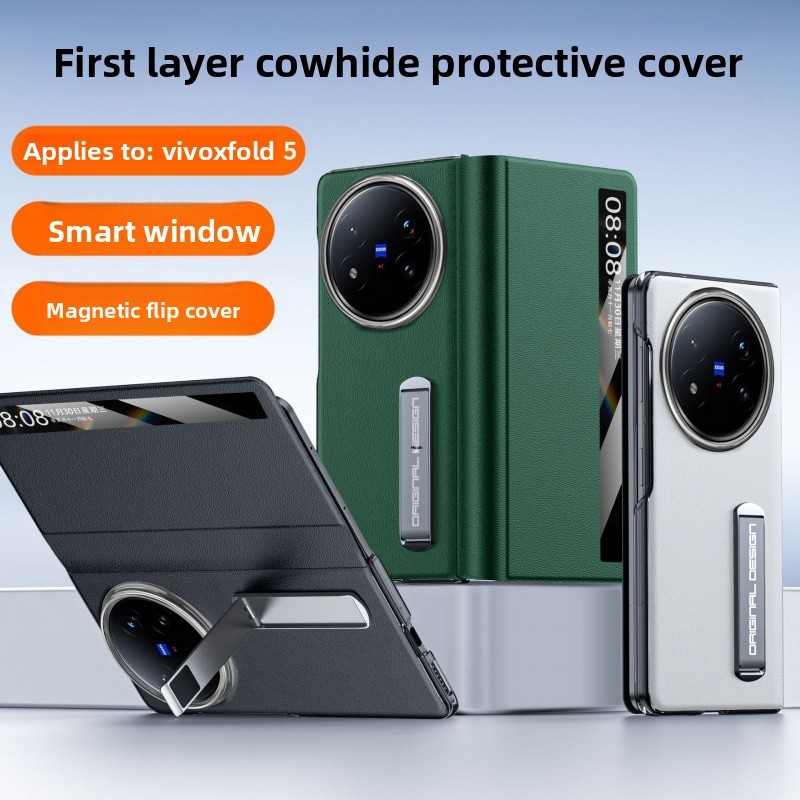 ใหม่สําหรับ VIVO X Fold5 เคสโทรศัพท์ X Fold5/Fold3/Fold3pro ของแท้หนัง Pinhole รูปแบบขาตั้ง Anti-dro