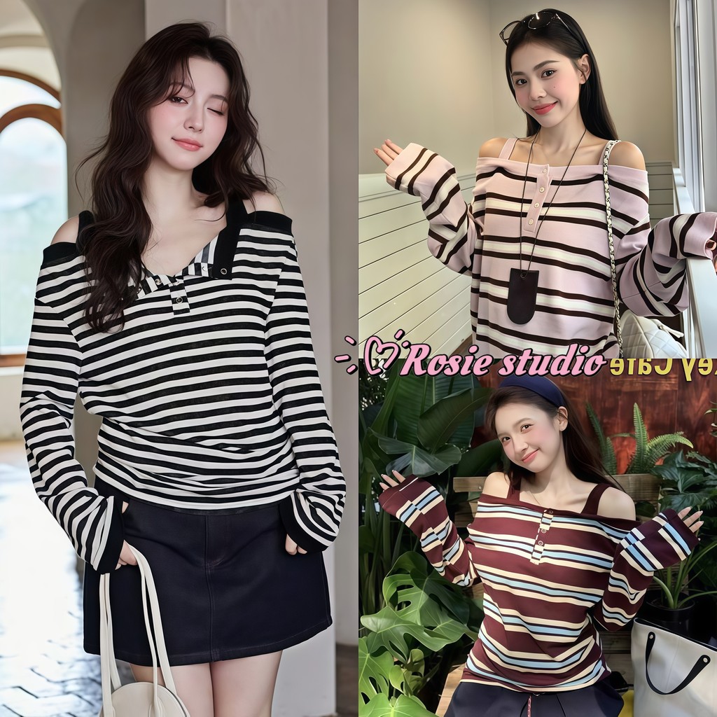 Rosie🌷พร้อมส่ง🧀คุณภาพสูงดีไซน์เก๋ๆทรงหลวมเสื้อยืดแขนยาวเปิดไหล่ลายทาง แต่งกระดุมใช้ได้จริง เซ็กซี่แฟชั่นผู้หญิงคอวี
