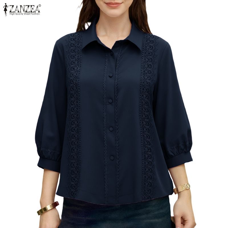 ZANZEA เสื้อเชิ้ตผู้หญิงสไตล์เกาหลี หรูหรา แขนสามส่วน ลายลูกไม้ ทรงหลวม