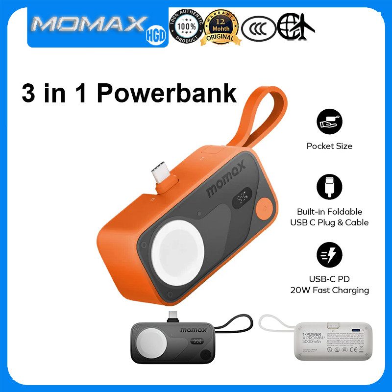 Momax 1-Power X Pro Mini + 5000mAh Power Bank ปลั๊ก USB-C แบบพับได้ในตัวสาย USB-C Mini Powerbank พร้