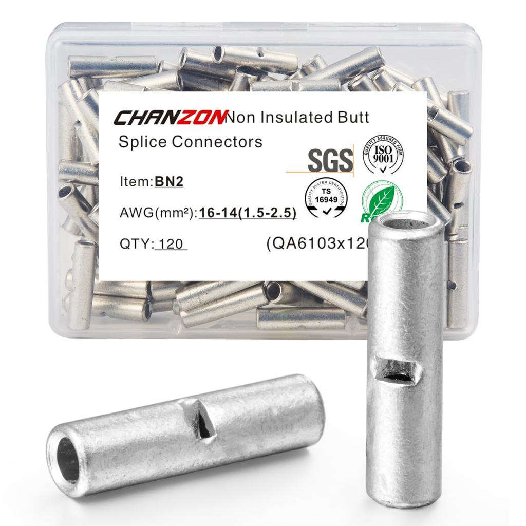 Chanzon 120pcs 16-14AWG Non ฉนวน Butt Connectors BN2 ทองแดงบริสุทธิ์ 0.8 มม.ความหนา Terminal สําหรับ
