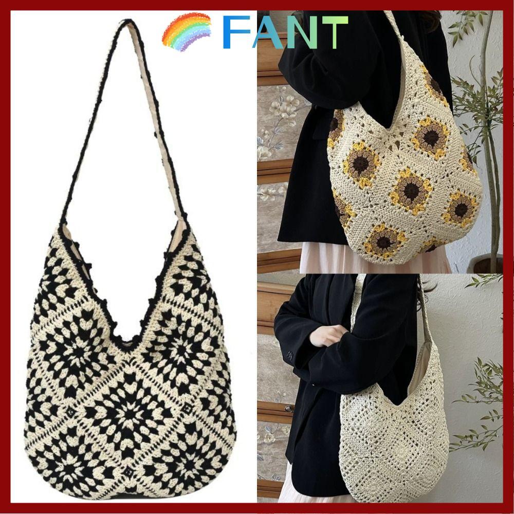 FANT โครเชต์ Tote Bag, มือโครเชต์ Hollowed Out Design กระเป๋าสะพายทอ, ไหล่เดี่ยวสไตล์ศิลปะ Bohemian 