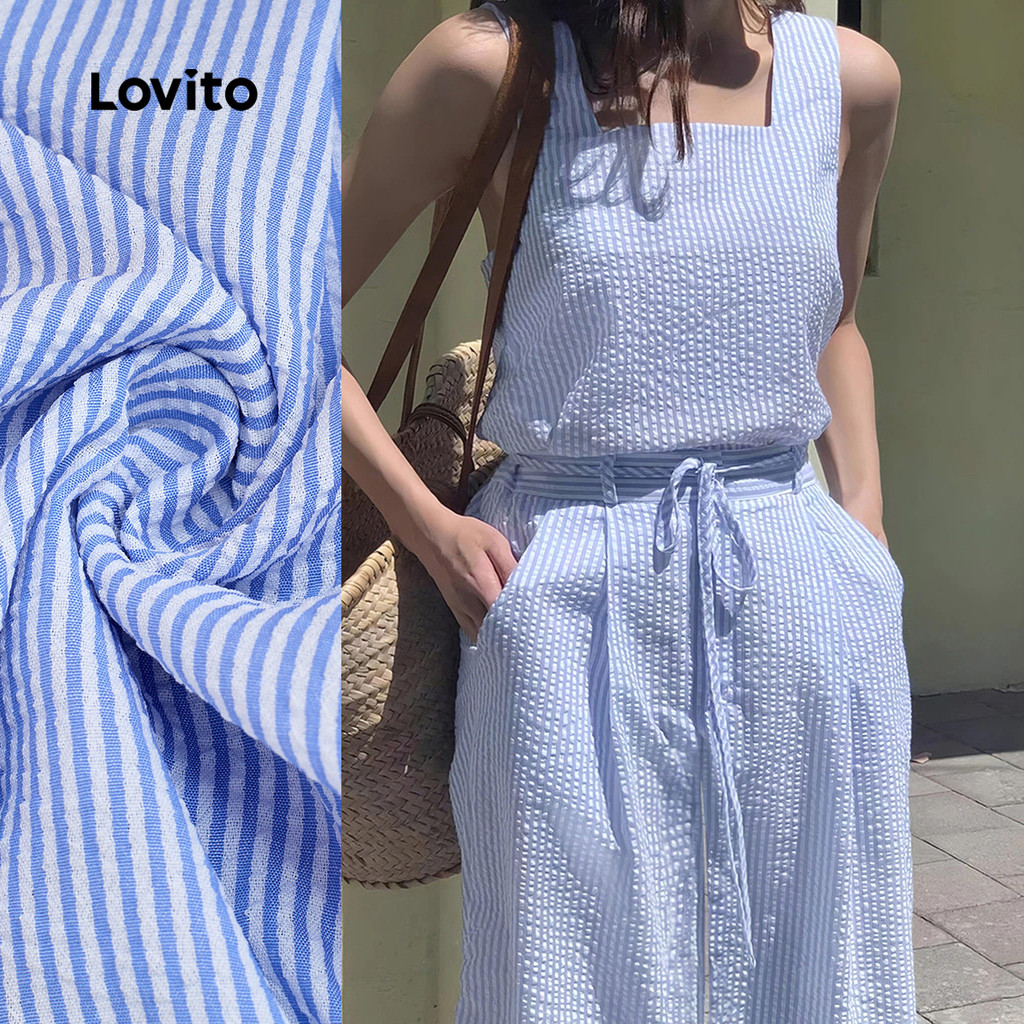 Lovito ชุดจูปิ๊ตแบบสบายๆ ลายลูกไม้ ผ้าผูกเชือก สีฟ้า สำหรับฤดูใบไม้ผลิ/ฤดูร้อน L155AD1294