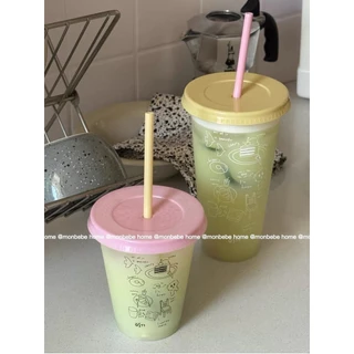 แก้วกาแฟ แก้วเกาหลี ลายใหม่ins มีฝาปิด พร้อมหลอด ขนาด470-700 มล มี 2 ลายให้เลือก พร้อมส่ง