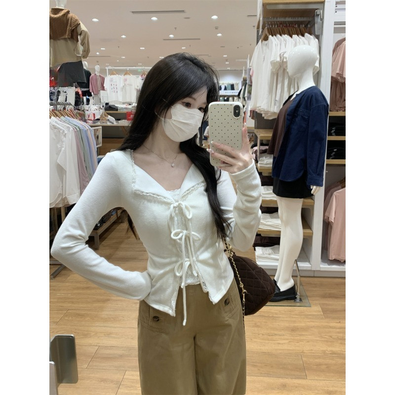 เกาหลีของปลอมสองชิ้นลูกไม้การประกบแขนยาวเสื้อยืด หวานหูกระต่ายทรงเข้ารูปเสื้อแจ็กเกต จัดส่งจากกรุงเทพ - รูปที่ 6