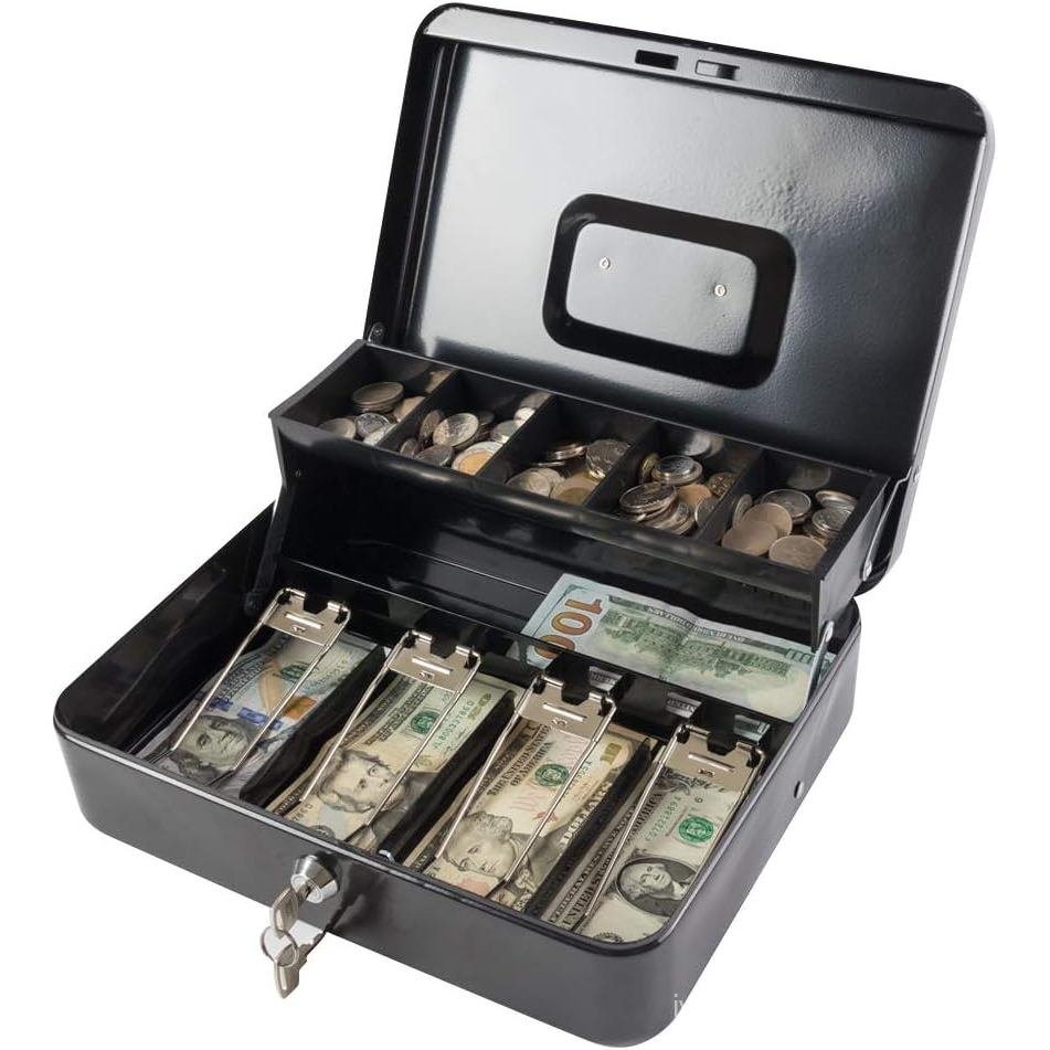 KYODOLED Locking Cash/Money Saving Organizer Box with Lock Safe with Key and Cash Tray, Black, 11.81