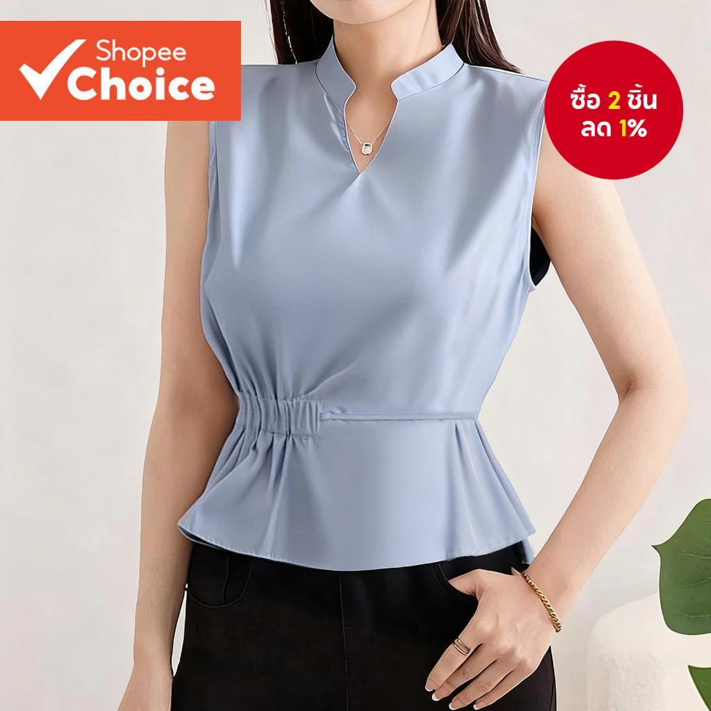 เสื้อลําลอง Lace Up ฤดูใบไม้ผลิ/ฤดูร้อนเสื้อสีฟ้าสําหรับผู้หญิง L142ED657 Blus Kasual Renda Up Musim