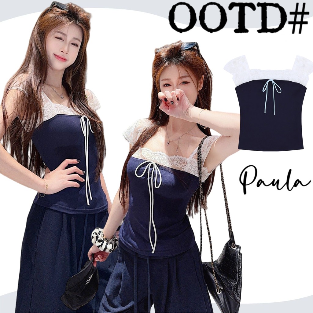 Paula พร้อมส่ง🌴เสื้อเซ็กซี่ผู้หญิง🌴เสื้อครอปแต่งลูกไม้ ทรงสวย สไตล์ฝรั่งเศส ไปคาเฟ่ ดีไซน์โบว์เก๋ๆ เสื้อยืดแขนสั้น