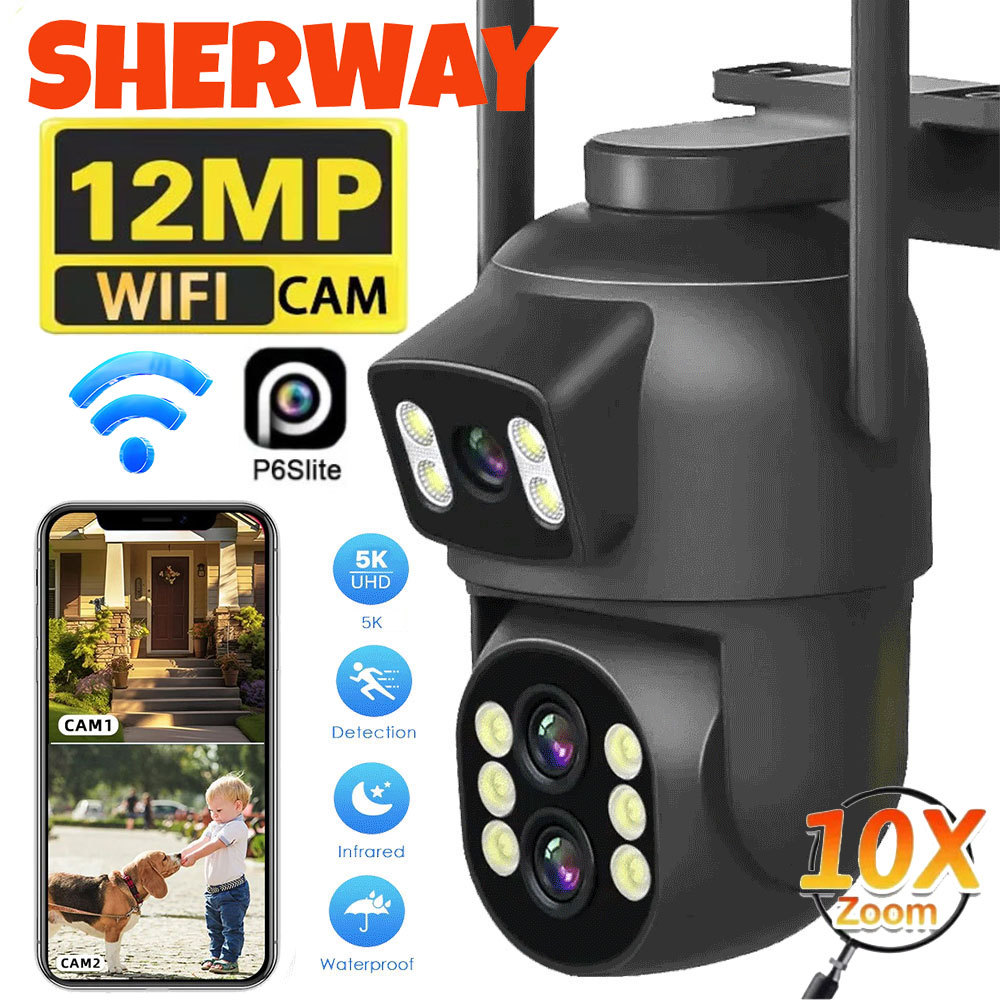 12MP Wifi Dual เลนส์กล้องกลางแจ้ง 10X ซูม HD หน้าจอคู่ PIZ กล้อง IP Night Vision ความปลอดภัยป้องกัน 