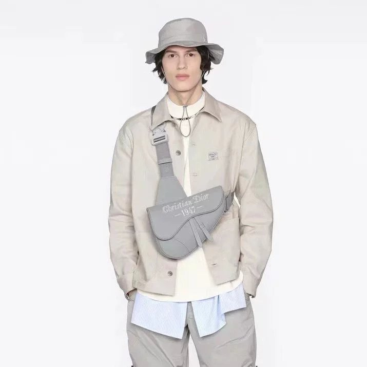 DIOR DIOR Safari CD 1947 Grey Grain Leather Saddle Bag Shoulder Messenger Bag