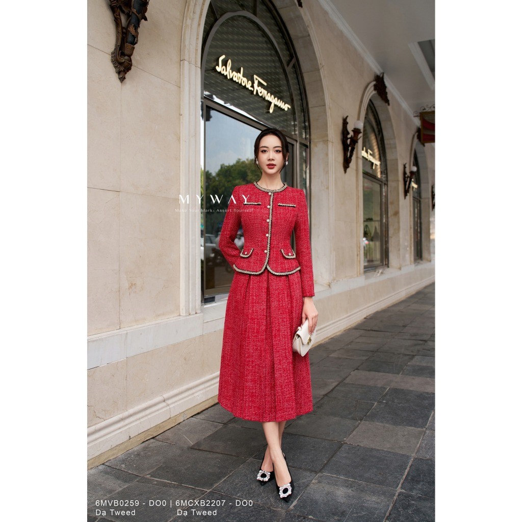 MY WAY ชุดเสื้อกั๊กผู้หญิงกระโปรงบานรอบคอ Tweed ชุดราตรีหรูหรา Pearl ปุ่ม Hem 6MVB0259 - 6MCXB2207w 