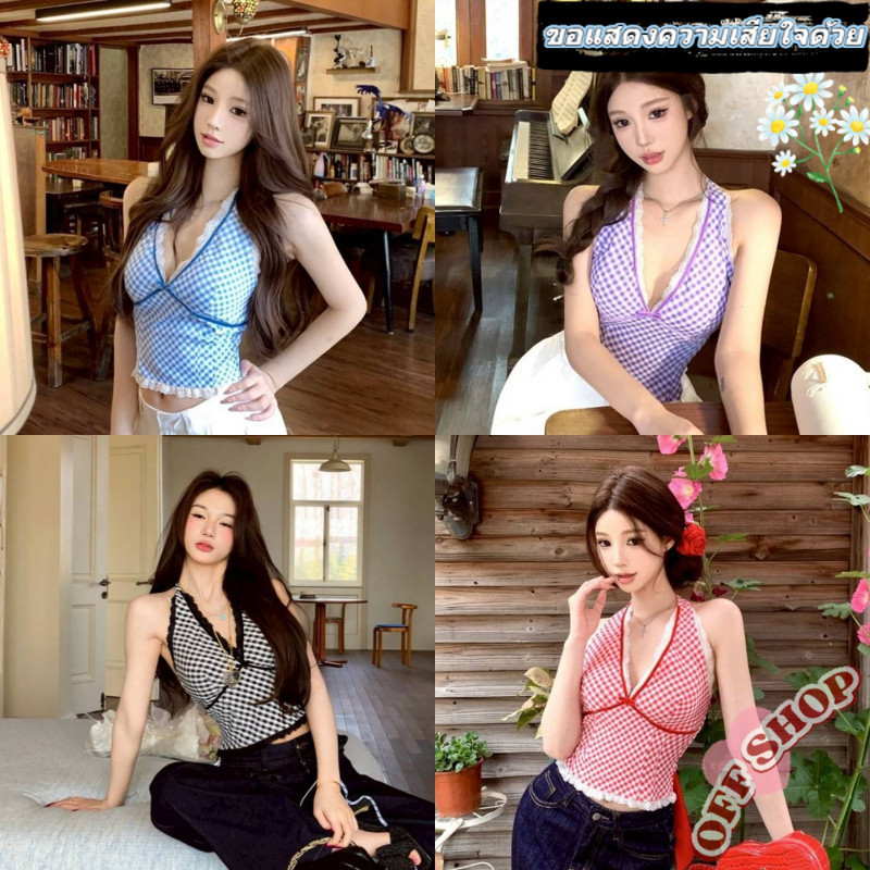 OFF SHOP 🥻ใหม่ 2025 เสื้อคล้องคอ มีฟองน้ำ แต่งโบว์ลายสต๊อก สีสดใส' FY853