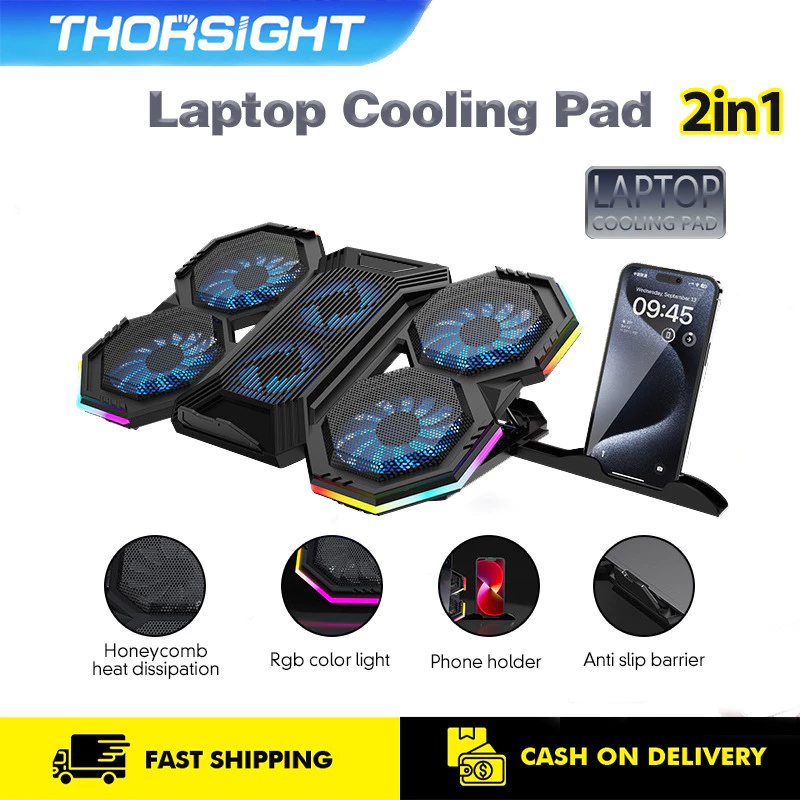 พัดลมรองโน๊ตบุ๊ค Gaming Cooler Pad พัดลมระบายความร้อนโน๊ตบุ๊ค 6 ใบพัด ระบายความร้อนโน๊ตบุ๊ค With Phone Expansion Holder